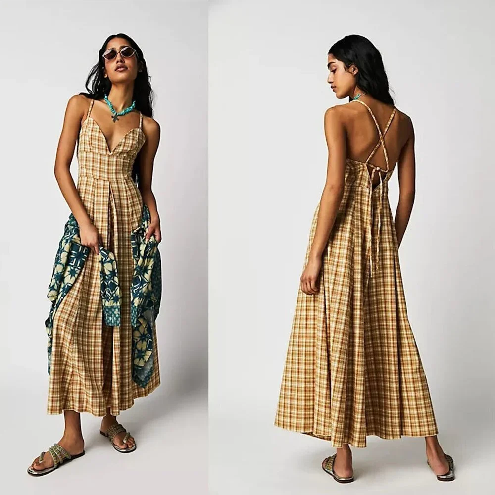 New Free People Plaid Yellow Kaia Jumpsuit Size XS